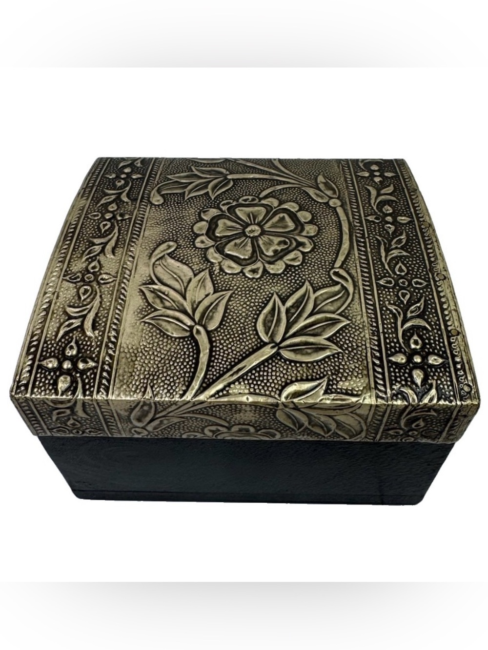 Novica India Handcrafted Wood Brass Embossed Floral Jewelry Trinket Box 4.5x 5”